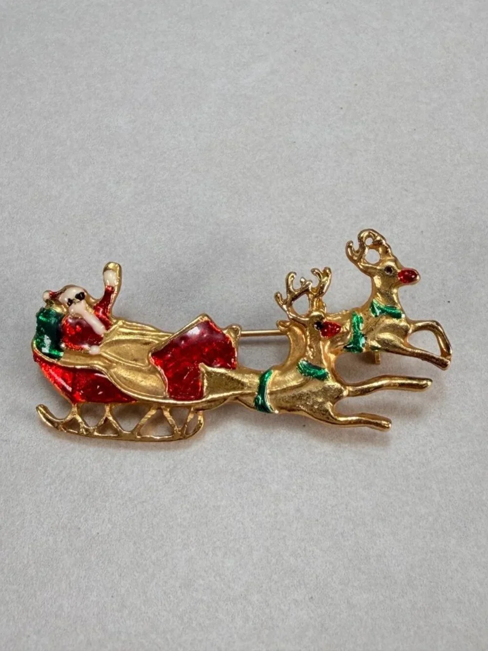 Vintage Santa Claus Sleigh Reindeer Brooch Gold Tone Enamel Christmas Pin